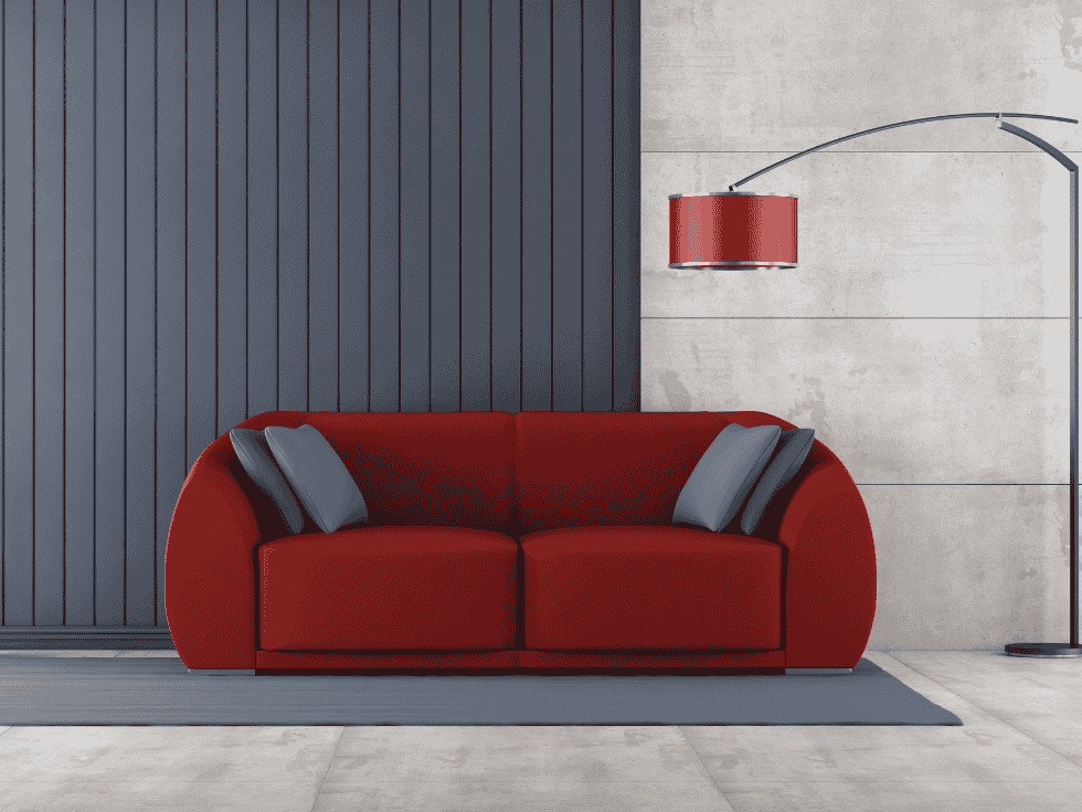 Modern Living Room With A Red Sofa, Gray Cushions, And Red Floor Lamp - Beautiful Homes