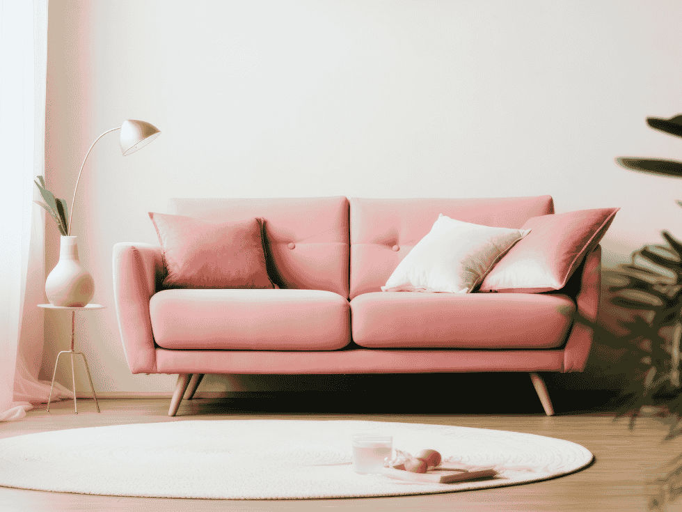 Cozy Living Room With A Pink Tufted Sofa, Gold Floor Lamp, And Round Rug - Beautiful Homes