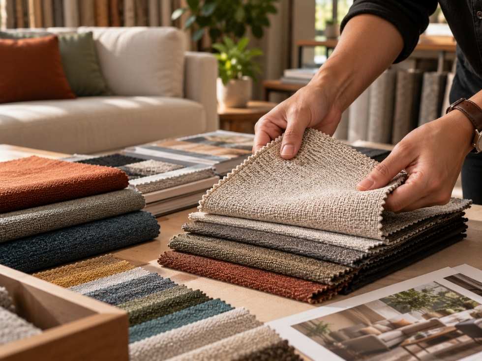 Upholstery fabric swatches being compared on a table before purchase - Beautiful Homes