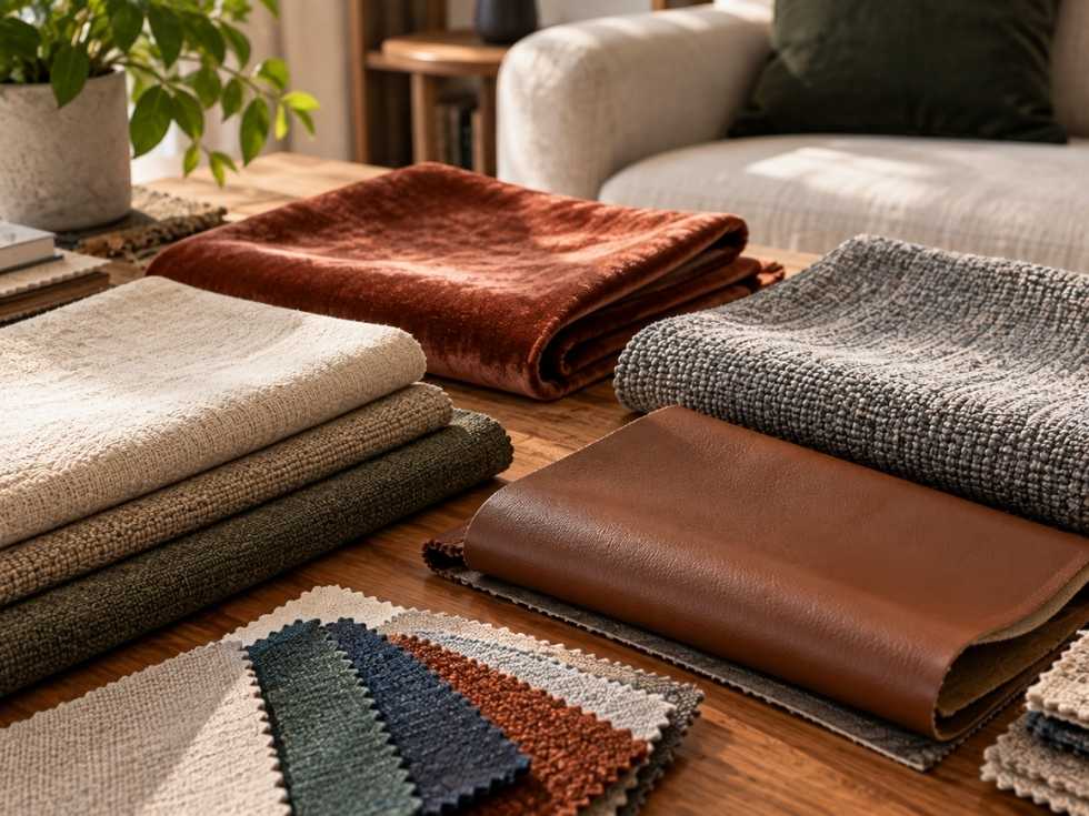 Upholstery fabric samples, including performance fabrics, arranged on a table - Beautiful Homes