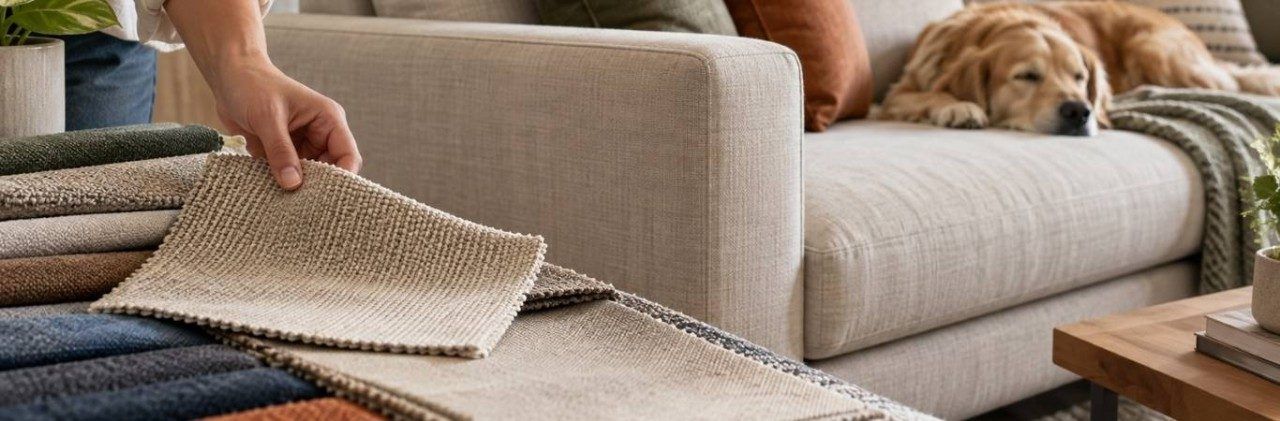 Hand comparing sofa upholstery fabric samples beside a modern sofa - Beautiful Homes