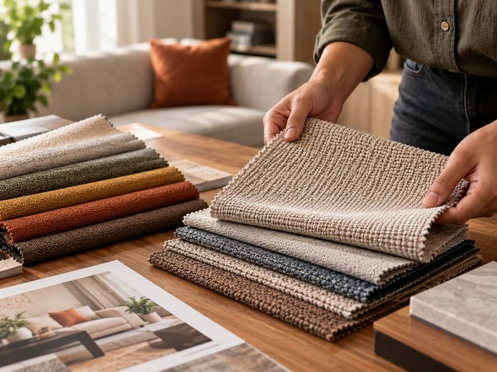 Upholstery fabric samples being compared to understand fabric weight and texture - Beautiful Homes