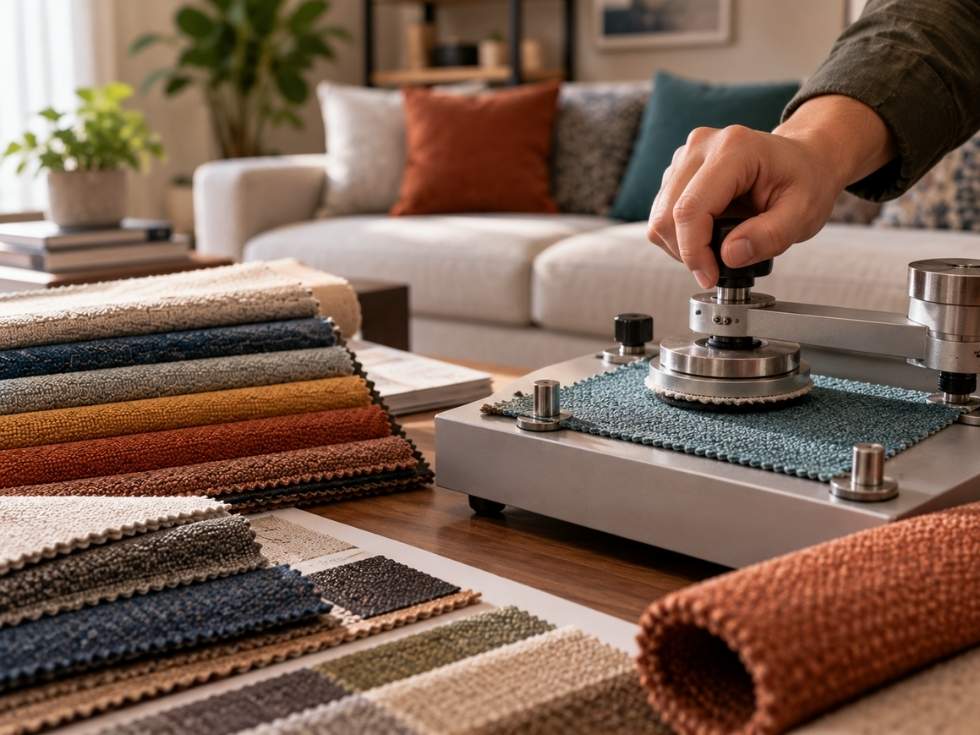 Upholstery fabric undergoing a rub count durability test - Beautiful Homes