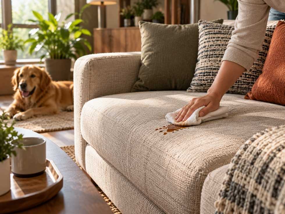 Cleaning a spill from a fabric sofa with a cloth - Beautiful Homes