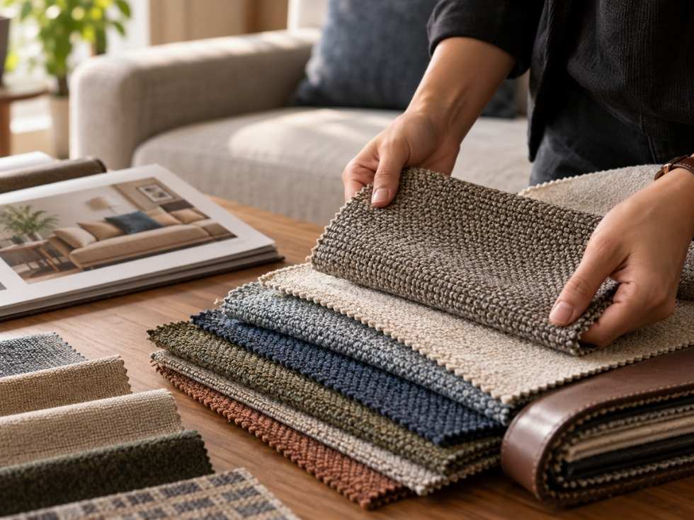 Upholstery fabric samples arranged for comparing texture and durability - Beautiful Homes