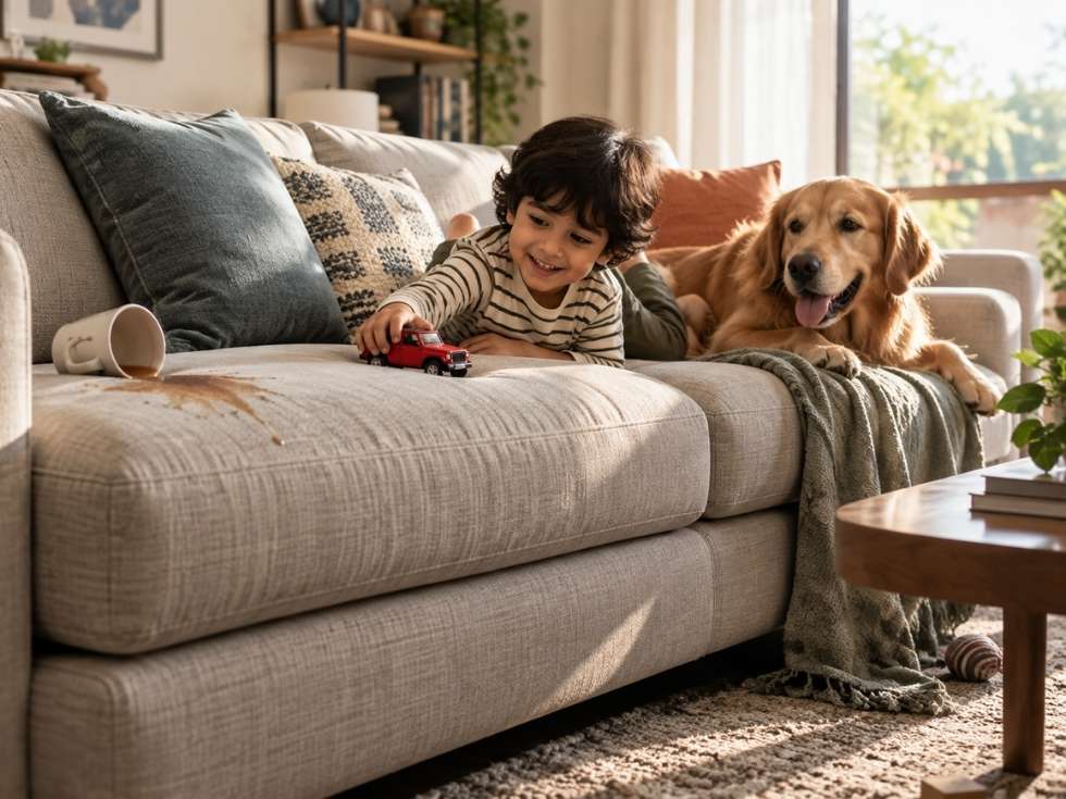 Child and dog using a fabric sofa during everyday home activities - Beautiful Homes