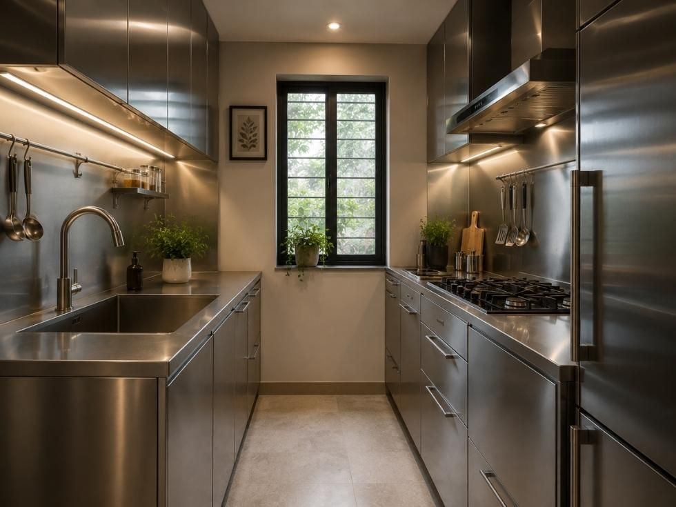 Contemporary compact stainless steel kitchen design - Beautiful Homes