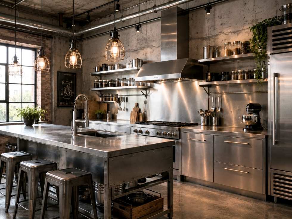 Contemporary industrial stainless steel kitchen design - Beautiful Homes