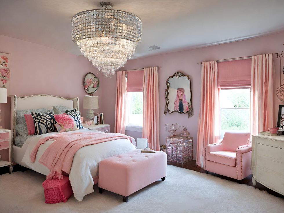 Chandelier in pink bedroom - Beautiful Homes