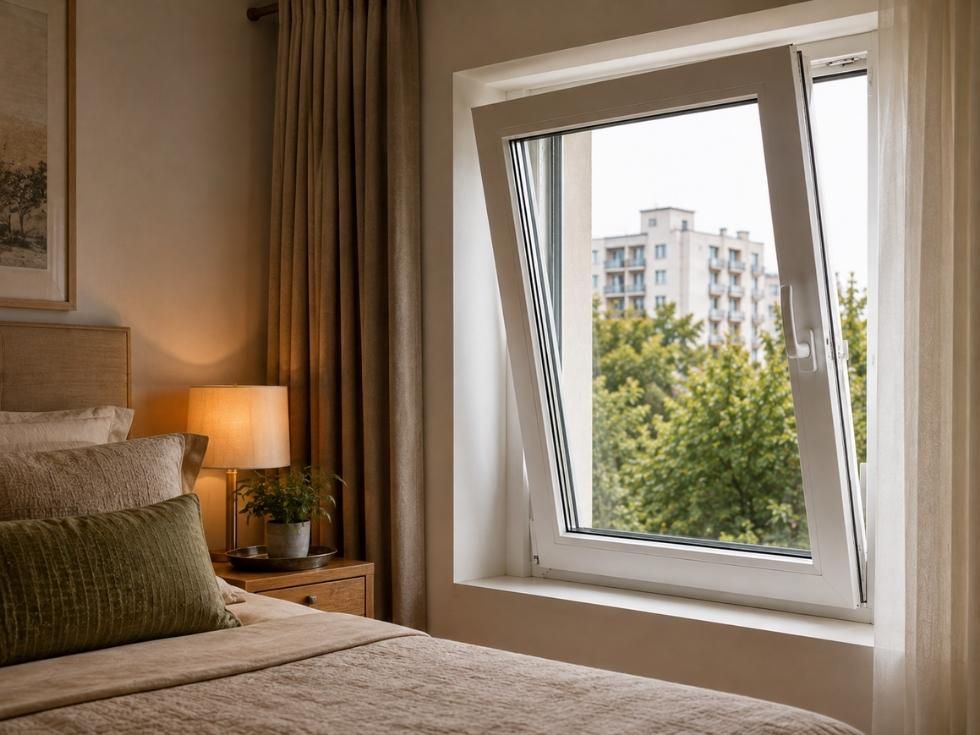 Tilt and turn uPVC window providing secure ventilation in a modern bedroom - Beautiful Homes