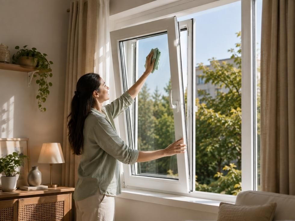 Person cleaning a tilt and turn uPVC window from inside the home safely and easily - Beautiful Homes