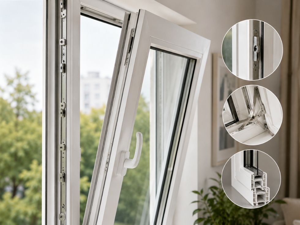 Tilt and turn uPVC window showing multi point locking hardware, hinges and frame profile - Beautiful Homes