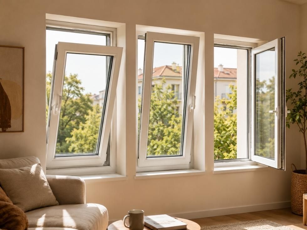 Tilt and turn uPVC windows demonstrating tilt ventilation and side opening functions in a modern home - Beautiful Homes