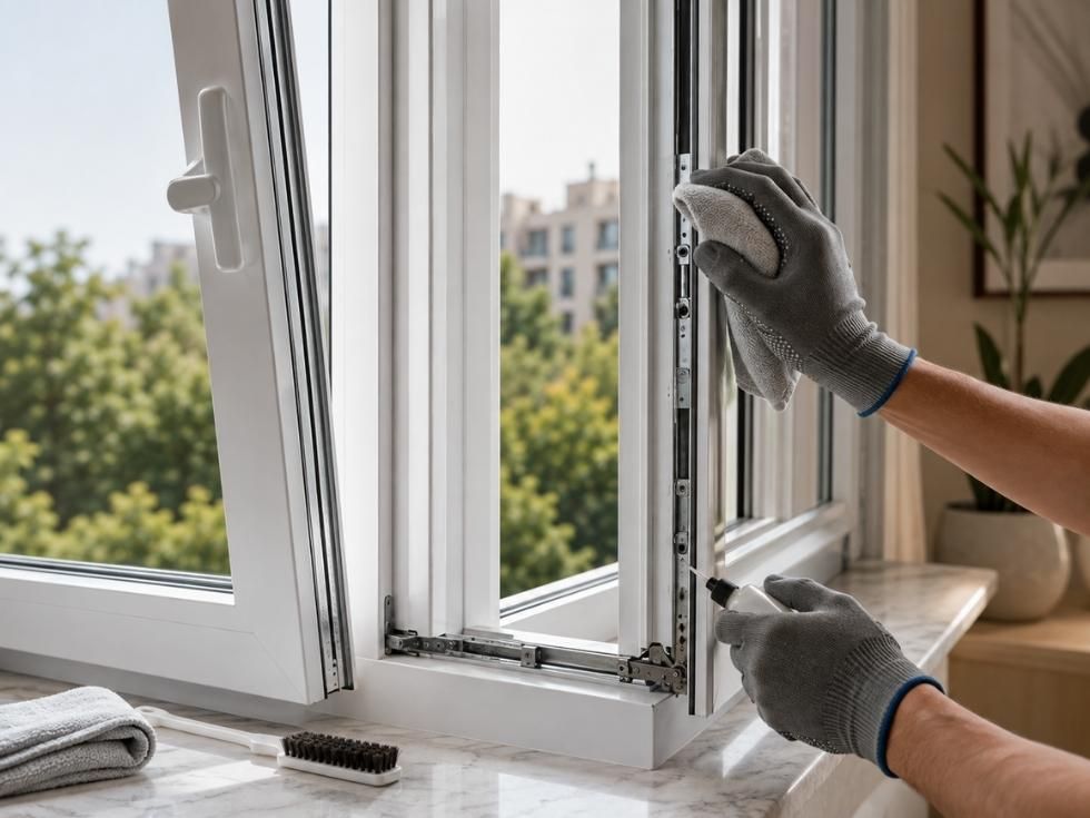 Cleaning and lubricating tilt and turn uPVC window hinges and locking hardware - Beautiful Homes