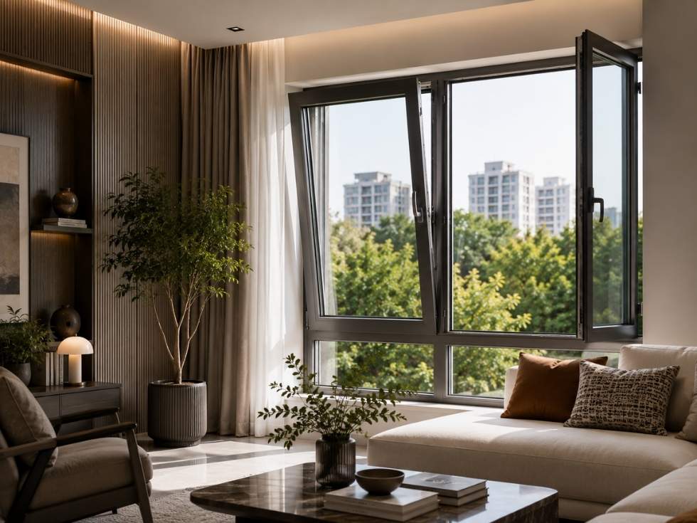 Modern living room with tilt and turn uPVC windows for flexible ventilation and natural light - Beautiful Homes