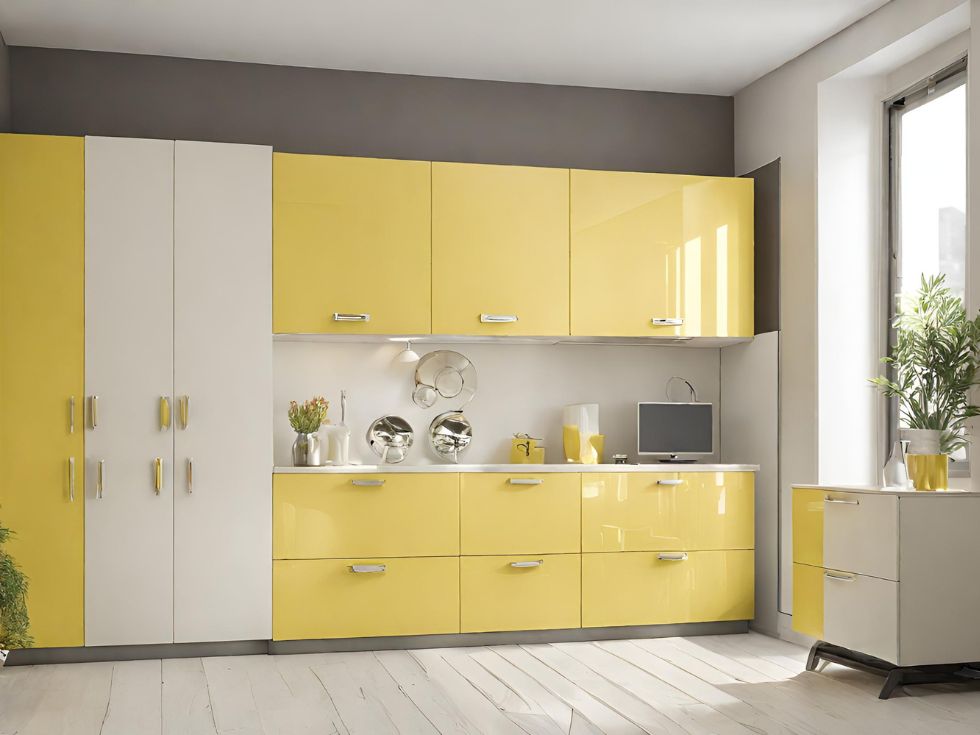 White and Lemony Yellow Sunmica Colour Cupboard Ideas - Beautiful Homes