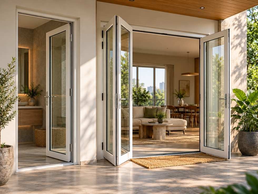White casement and swing uPVC glass doors in a modern home, opening onto a sunlit patio with potted plants and a warm, contemporary living room - Beautiful Homes