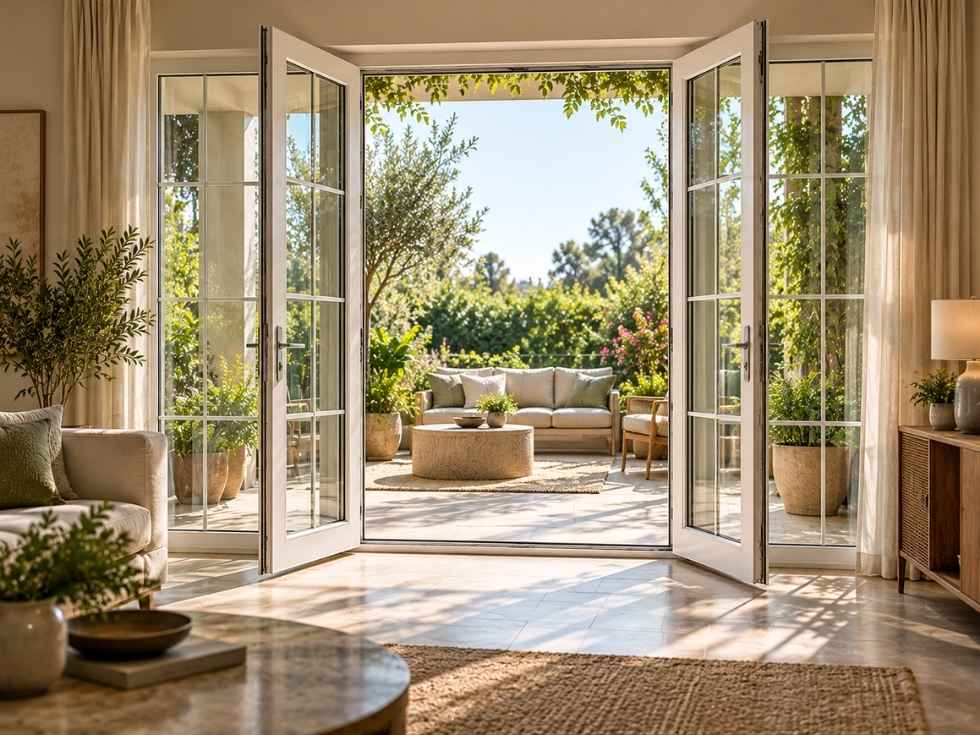 White French uPVC glass doors opening onto a lush garden patio, creating a bright, spacious connection between a modern living room and the outdoors - Beautiful Homes