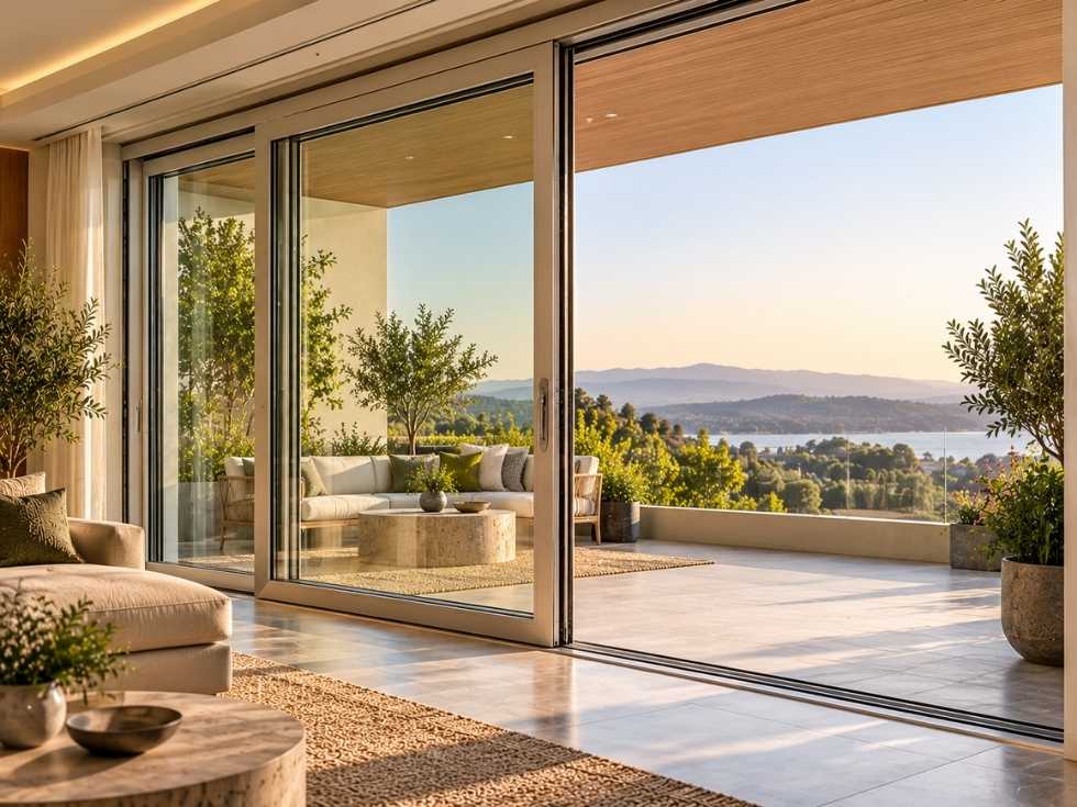 Large glass lift-and-slide uPVC doors opening onto a spacious terrace with scenic mountain and lake views - Beautiful Homes
