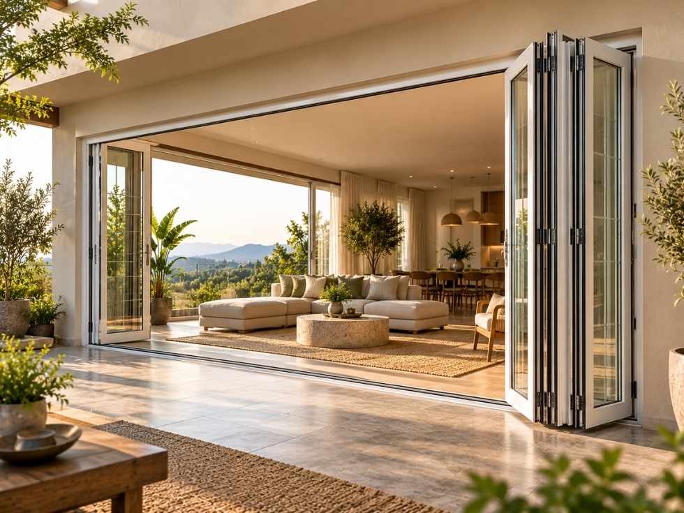 White bi-fold uPVC glass doors opening onto a spacious patio with scenic green views - Beautiful Homes