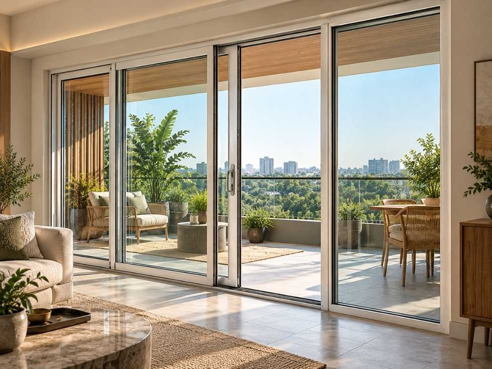 White sliding uPVC glass doors opening onto a spacious balcony with outdoor seating, greenery and city views in a modern home - Beautiful Homes