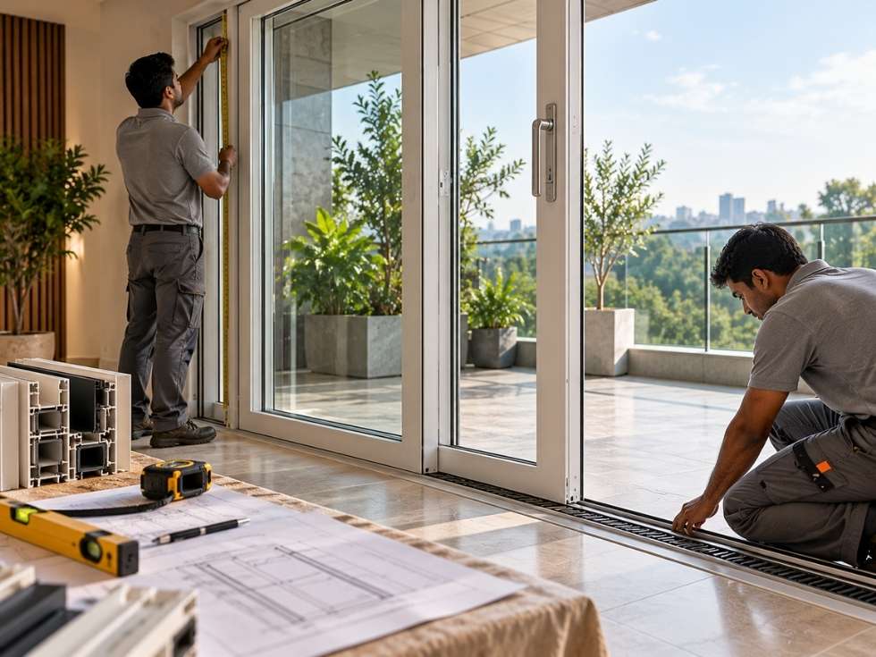 Technicians measuring and inspecting a sliding uPVC glass door before installation - Beautiful Homes