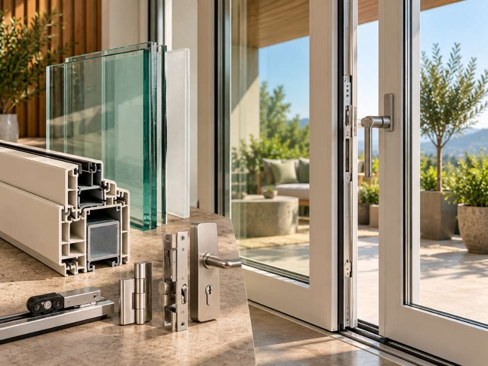 uPVC door frame cross-section, glass panels, hinges, locks, and hardware components displayed beside a modern glass door - Beautiful Homes
