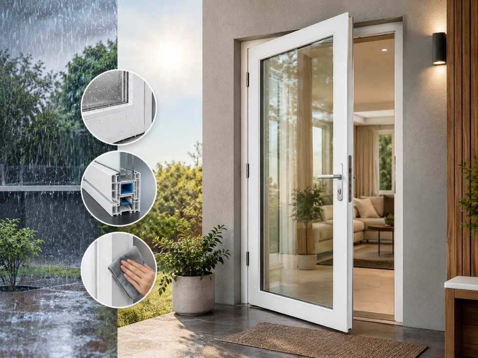 White uPVC entrance door showcasing weather resistance, insulated frame construction, and easy maintenance in a modern home - Beautiful Homes