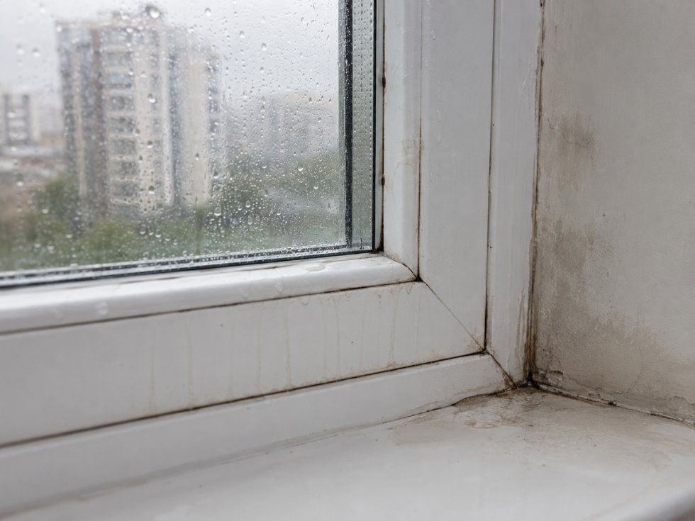 Close up of a uPVC window with worn seals, water stains, and moisture damage around the frame caused by leaks - Beautiful Homes