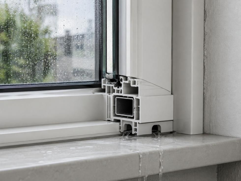 Close up cross section of a uPVC window frame showing sealing gaskets and built in drainage channels directing rainwater out - Beautiful Homes