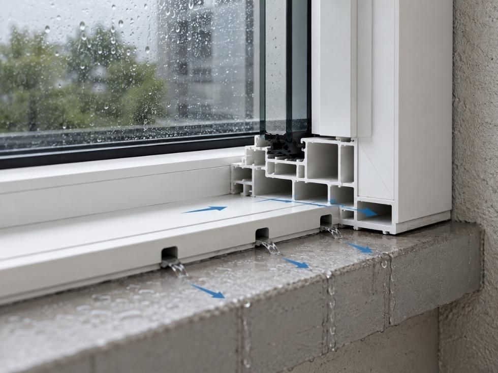 Cross section of a uPVC window showing internal drainage channels directing rainwater safely out through weep holes - Beautiful Homes