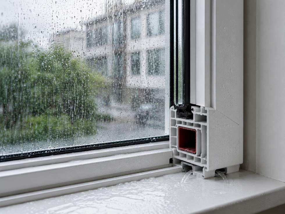 Cross section of a uPVC window showing rubber gaskets and drainage channels preventing rainwater from entering the frame - Beautiful Homes