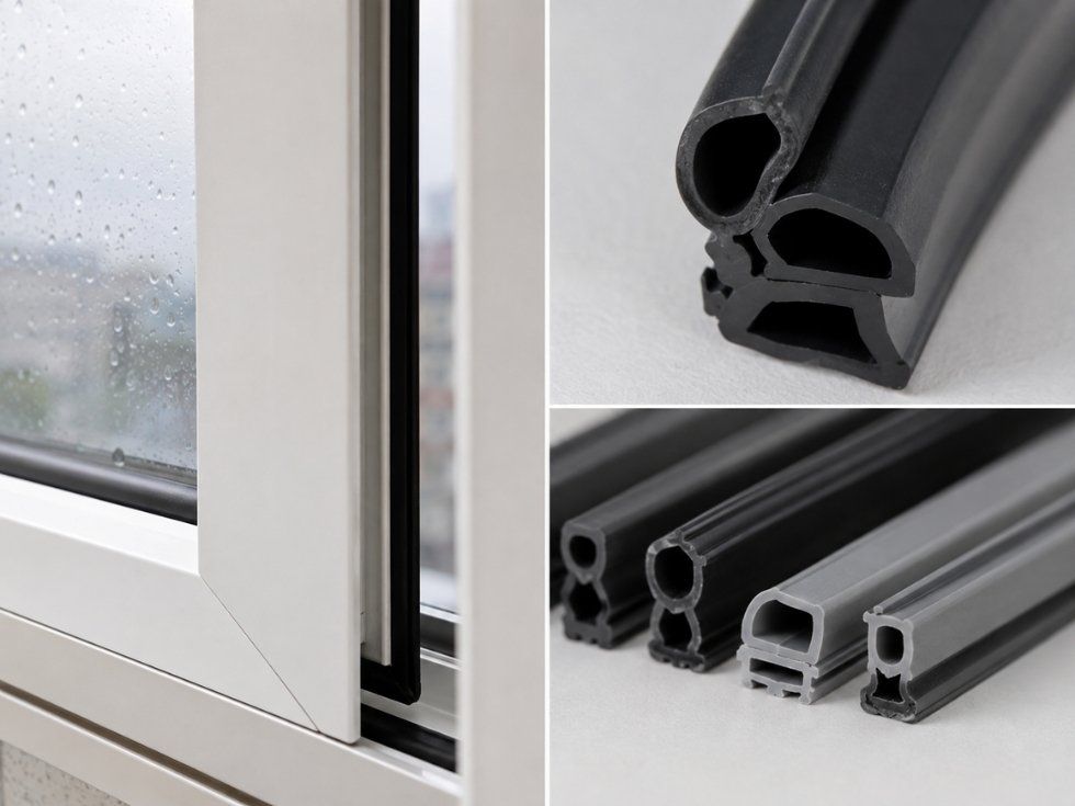 Close up of uPVC window rubber gaskets installed in a frame alongside different gasket profiles used for weather sealing - Beautiful Homes
