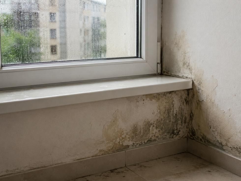 Damp wall with mould and water stains around a window caused by water leakage - Beautiful Homes