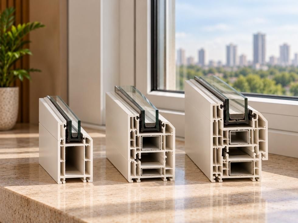 Three uPVC window profile cross-sections showing different internal chamber configurations - Beautiful Homes