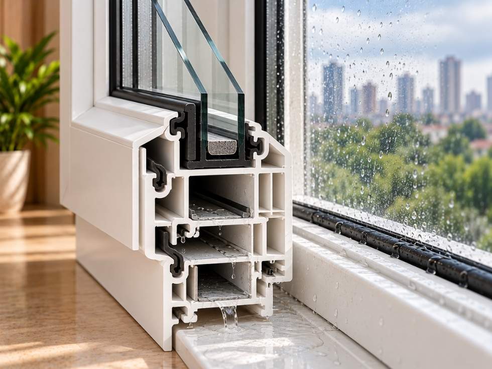 uPVC window cross-section showing rubber seals and drainage channels directing rainwater away from the frame - Beautiful Homes