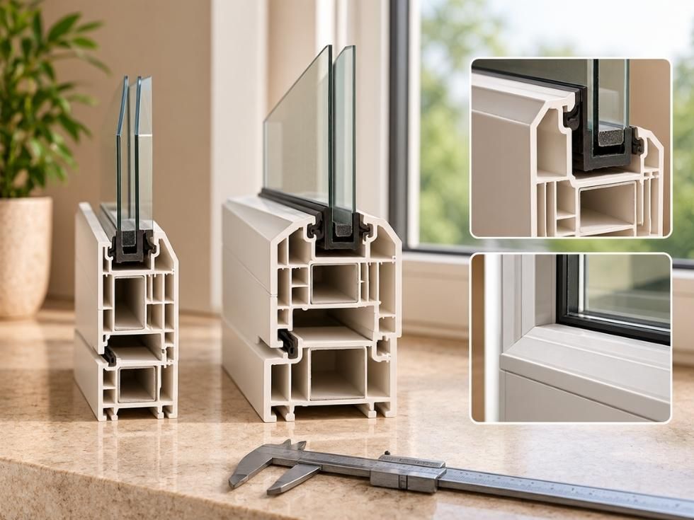 uPVC window profile cross-sections showing varying depths, wall thicknesses, and double glazing, with a measuring caliper - Beautiful Homes