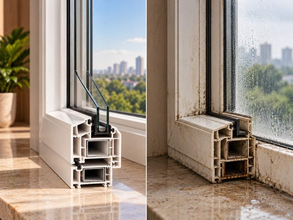 Comparison of clean and weather damaged uPVC window profiles, showing differences in condition and sealing - Beautiful Homes