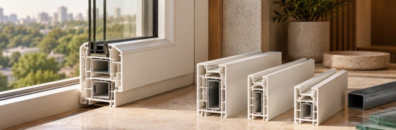 uPVC window profile cross-sections showing internal chambers and reinforcement - Beautiful Homes