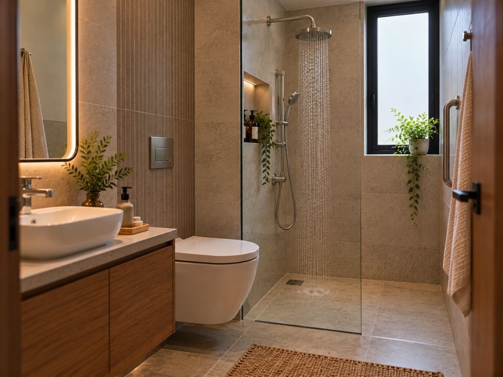 Walk-in shower with glass panels, grab bar, handheld shower and level flooring - Beautiful Homes