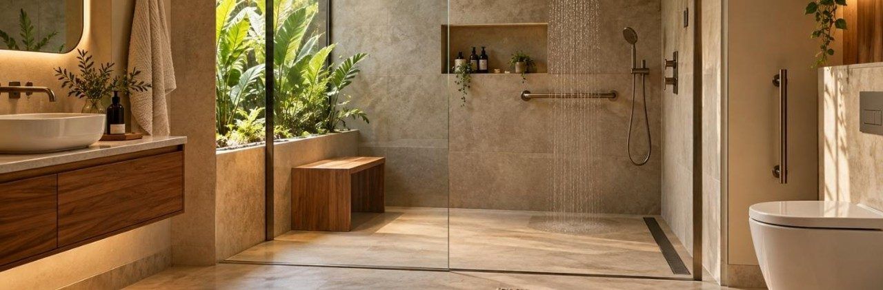 Modern walk-in shower with glass panels, stone tiles and a rainfall showerhead - Beautiful Homes