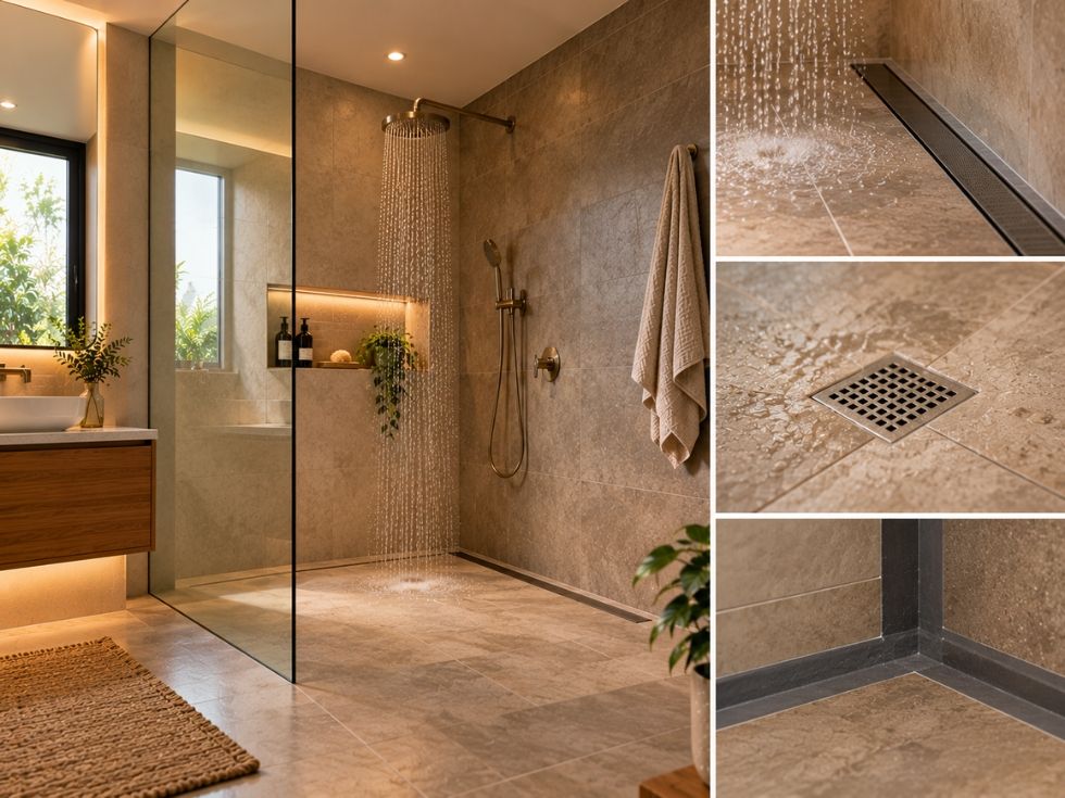 Walk-in shower with slip-resistant tiles, linear drain, and waterproofed flooring - Beautiful Homes