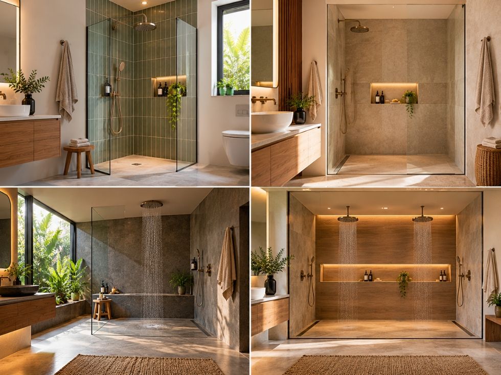 Four walk-in shower layouts featuring glass enclosures, stone tiles and rainfall showers - Beautiful Homes