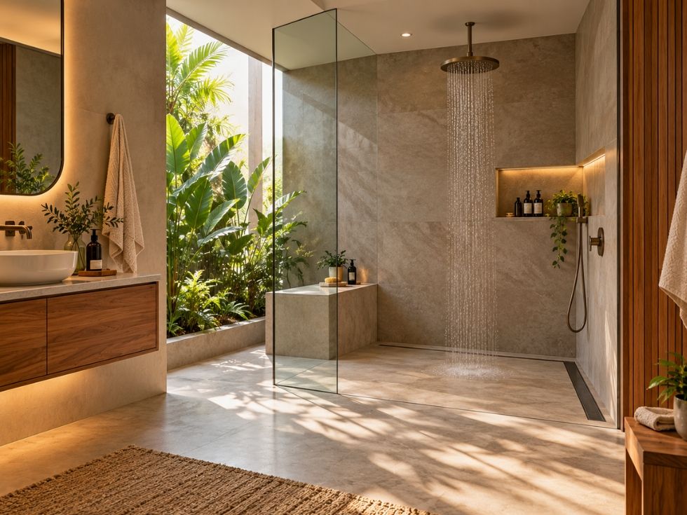 Doorless walk-in shower with glass panels, rainfall showerhead and stone tiles - Beautiful Homes