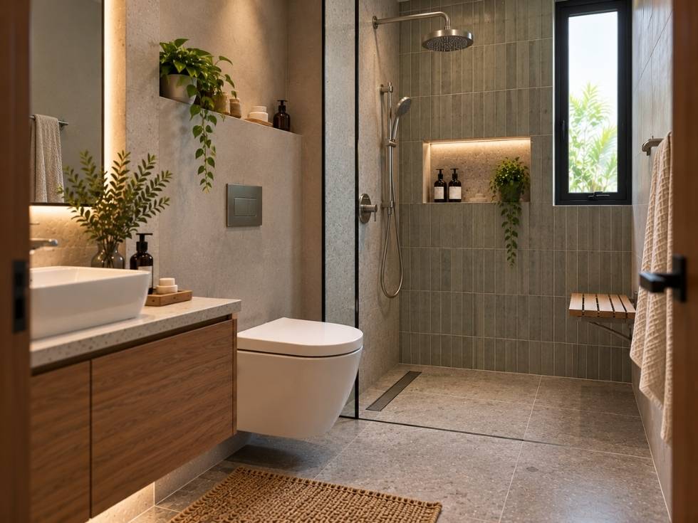 Walk-in shower with frameless glass, textured tiles, recessed storage and wooden seating - Beautiful Homes