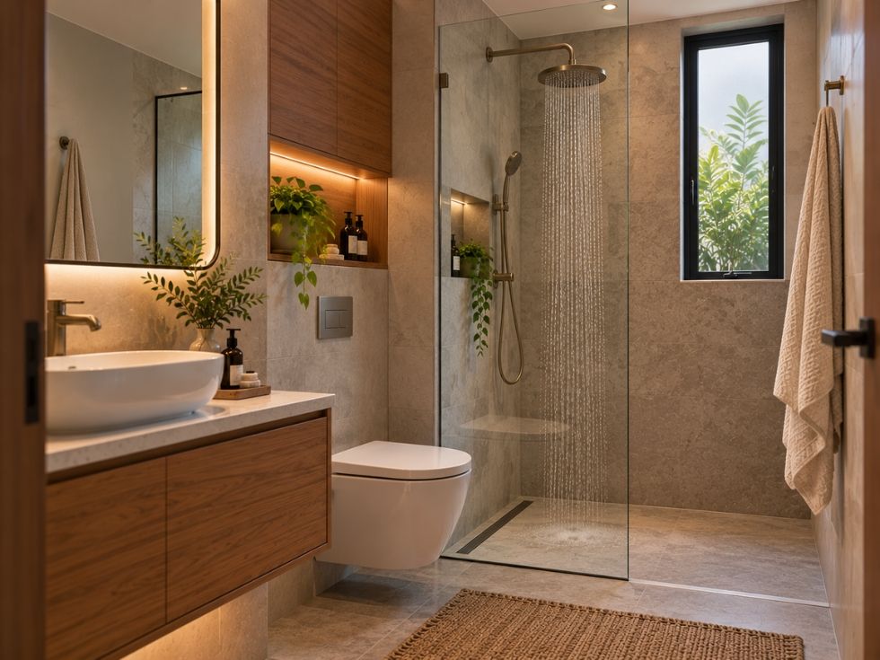 Walk-in shower with a glass screen, rainfall showerhead and stone flooring - Beautiful Homes