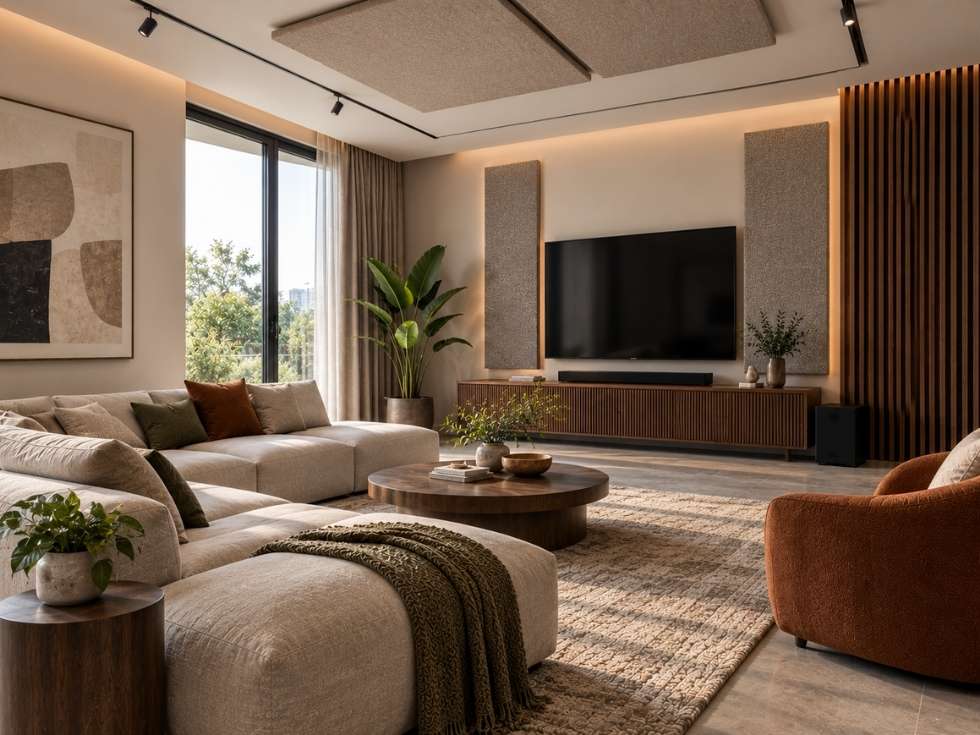 Modern living room with acoustic wall and ceiling panels demonstrating balanced placement for effective sound control - Beautiful Homes