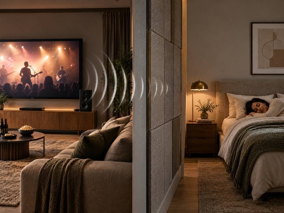 Acoustic wall panels between a media room and bedroom illustrating sound absorption, not complete soundproofing - Beautiful Homes