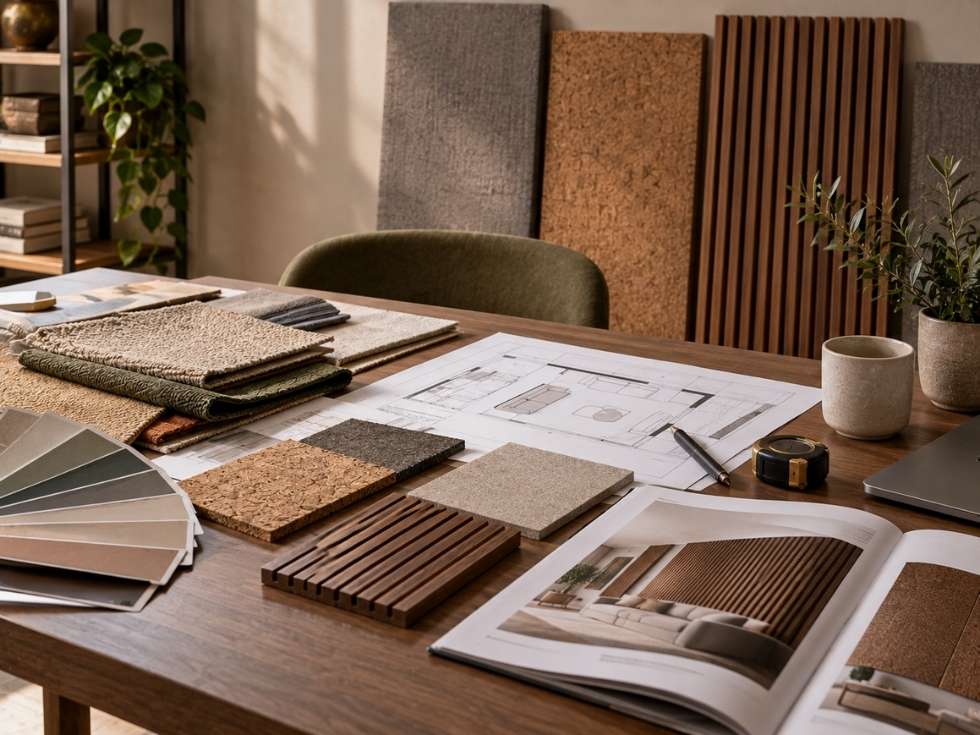 Acoustic wall covering samples, fabric swatches, cork panels and design plans on a table - Beautiful Homes