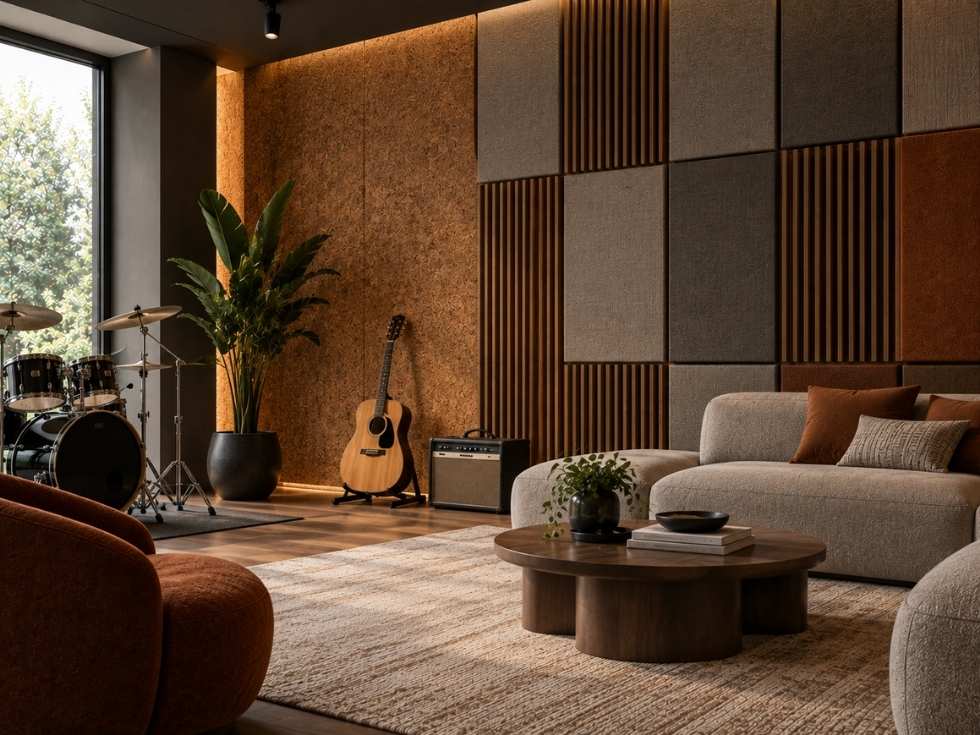 Cork and acoustic wall panels improving sound control in a media room - Beautiful Homes